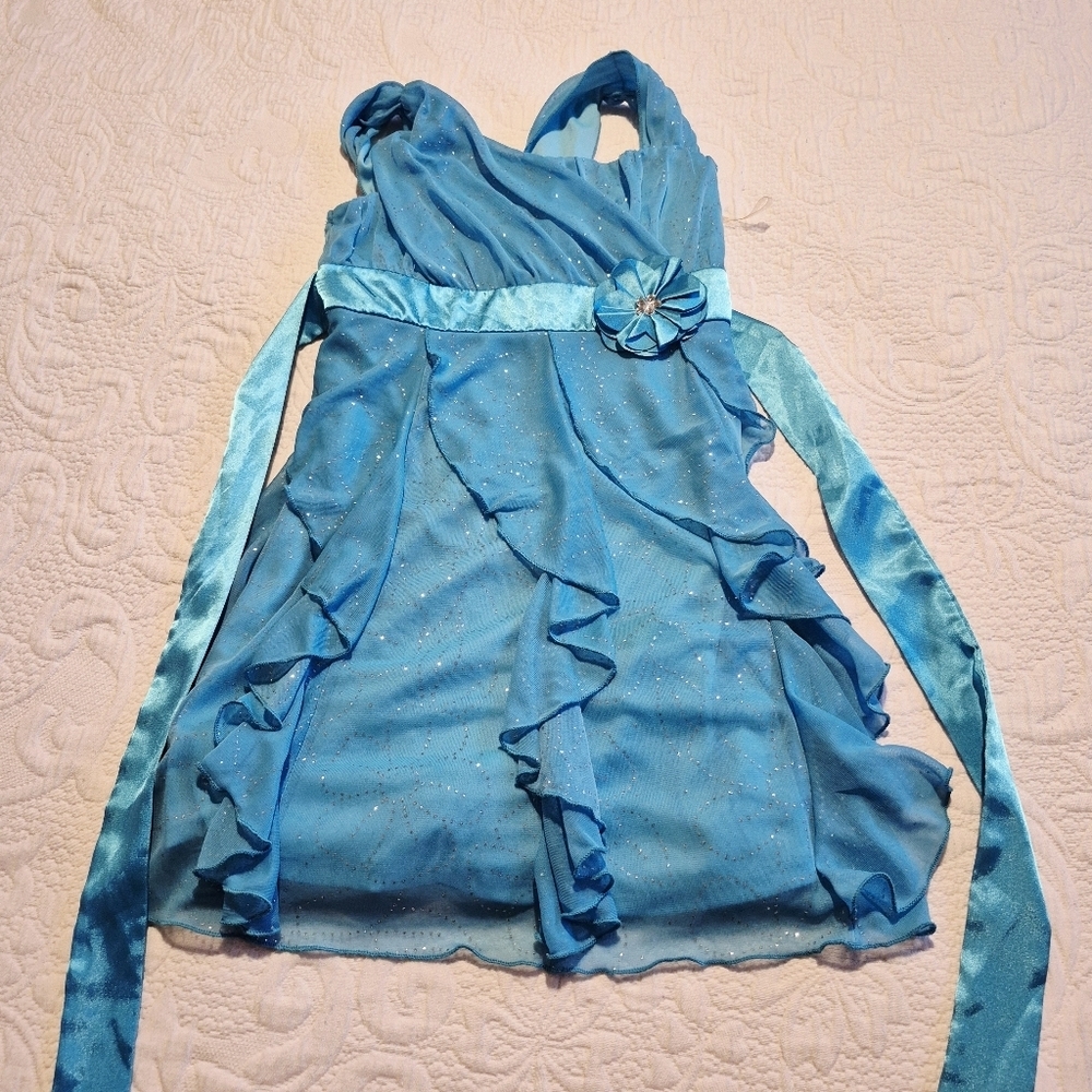 Amy Byer girls size 8 blue waterfall dress tank top silver sparkly design VGUC